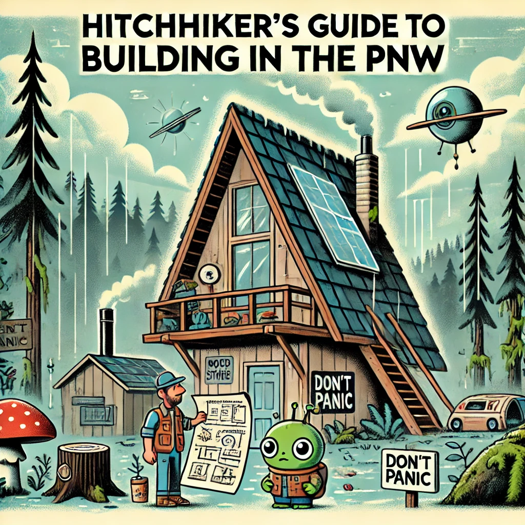 Illustrated guidebook-style cover showing a whimsical Pacific Northwest forest scene with tall evergreen trees and soft mist. In the foreground, a small green alien wearing a tool belt holds a blueprint and looks up at a wooden sign that reads 'Don't Panic'. To the side is a cozy A-frame cabin with a steep roof and smoke coming from the chimney. The sky is overcast with scattered rainclouds and beams of sunlight breaking through. Nearby, there are a mushroom, a wood stove, and a modern house with solar panels, blending rustic charm with sci-fi survival elements.